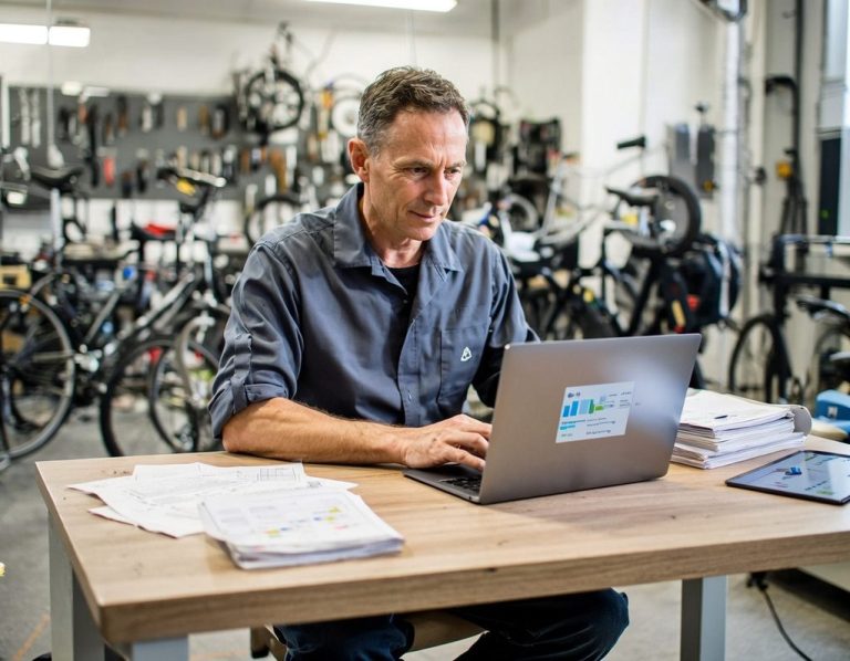 Mann arbeitet an einem Laptop in einer Werkstatt mit Fahrrädern im Hintergrund.